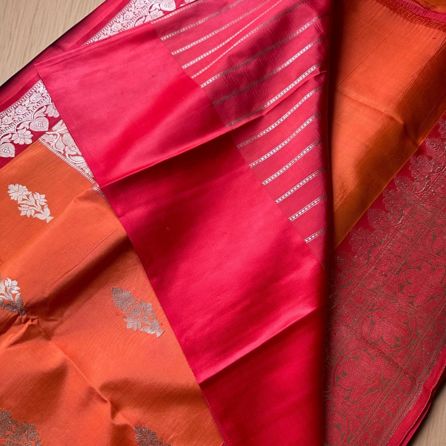 Orange-red  pure Banarasi silk saree