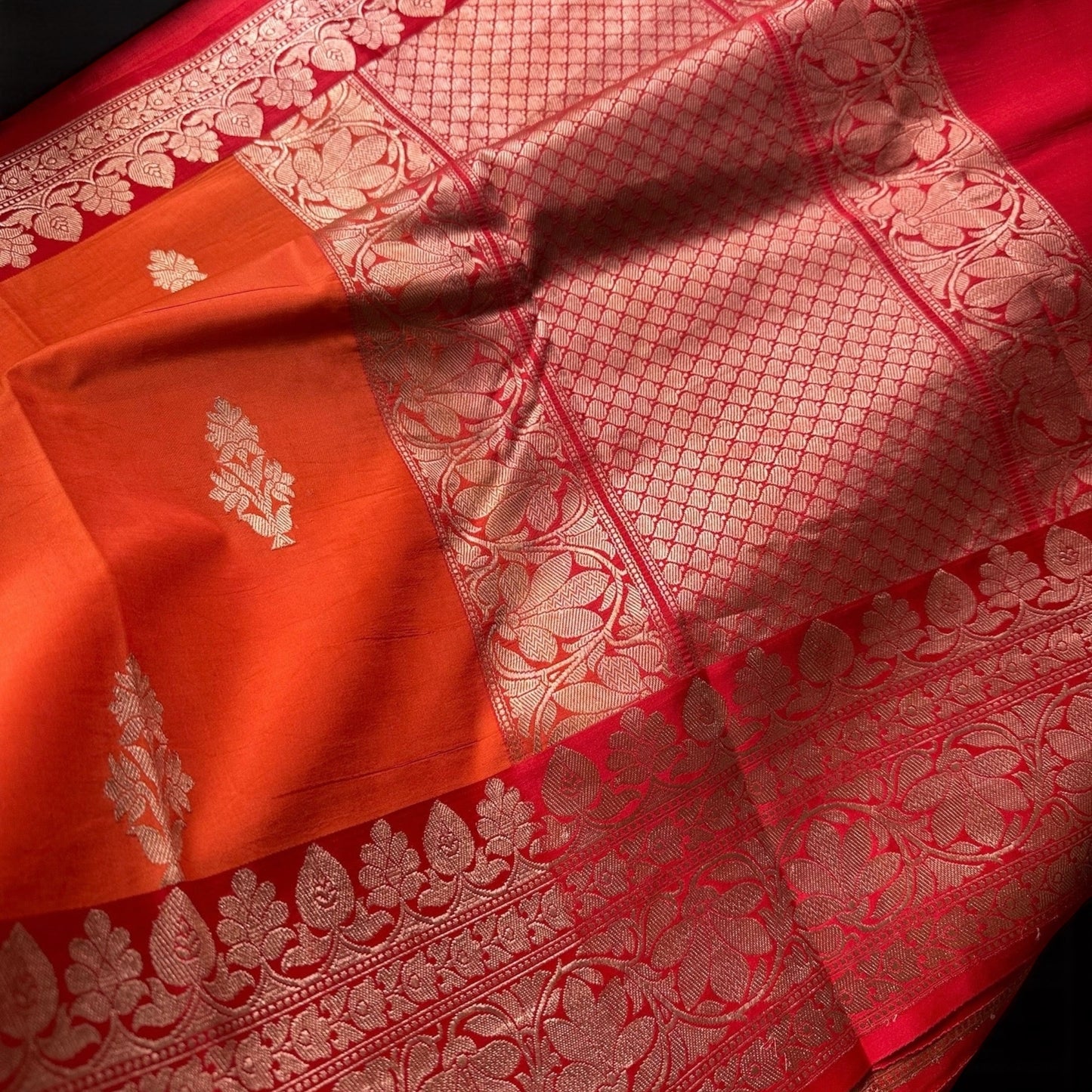 Orange-red  pure Banarasi silk saree