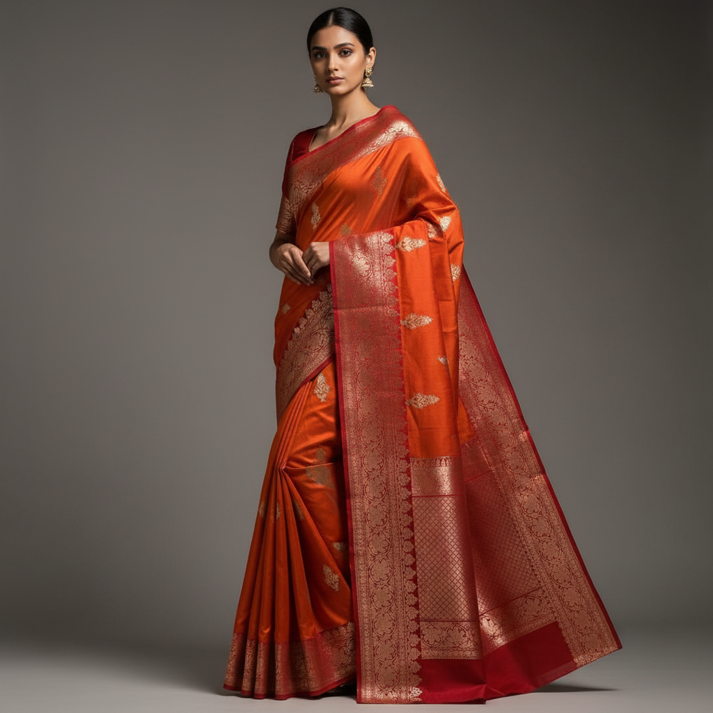 Orange-red  pure Banarasi silk saree