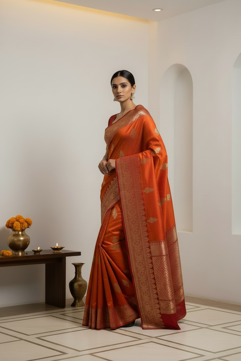 Orange-red  pure Banarasi silk saree