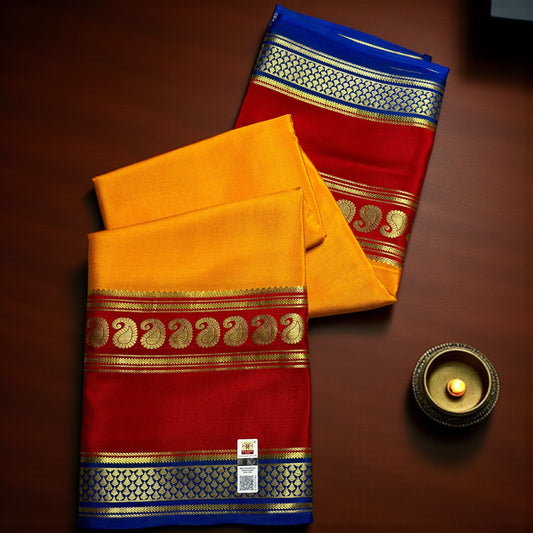 Orange-deep maroon -navy blue pure crepe 3D big bentex saree