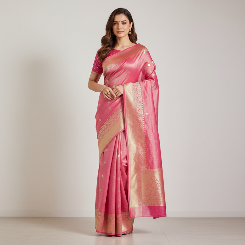 Pink pure Katan tissue silk saree