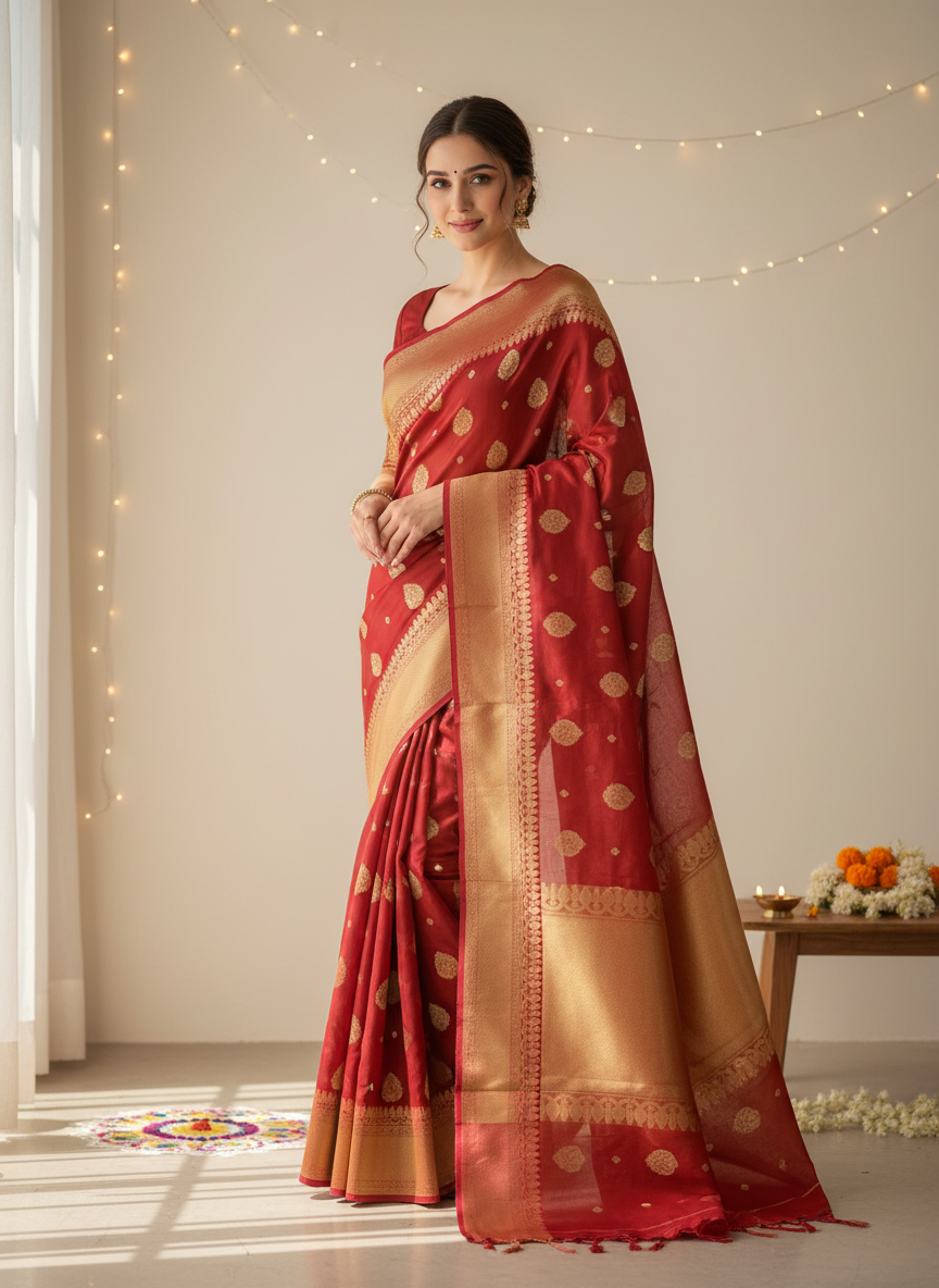 Orange Pure Katan tissue silk saree