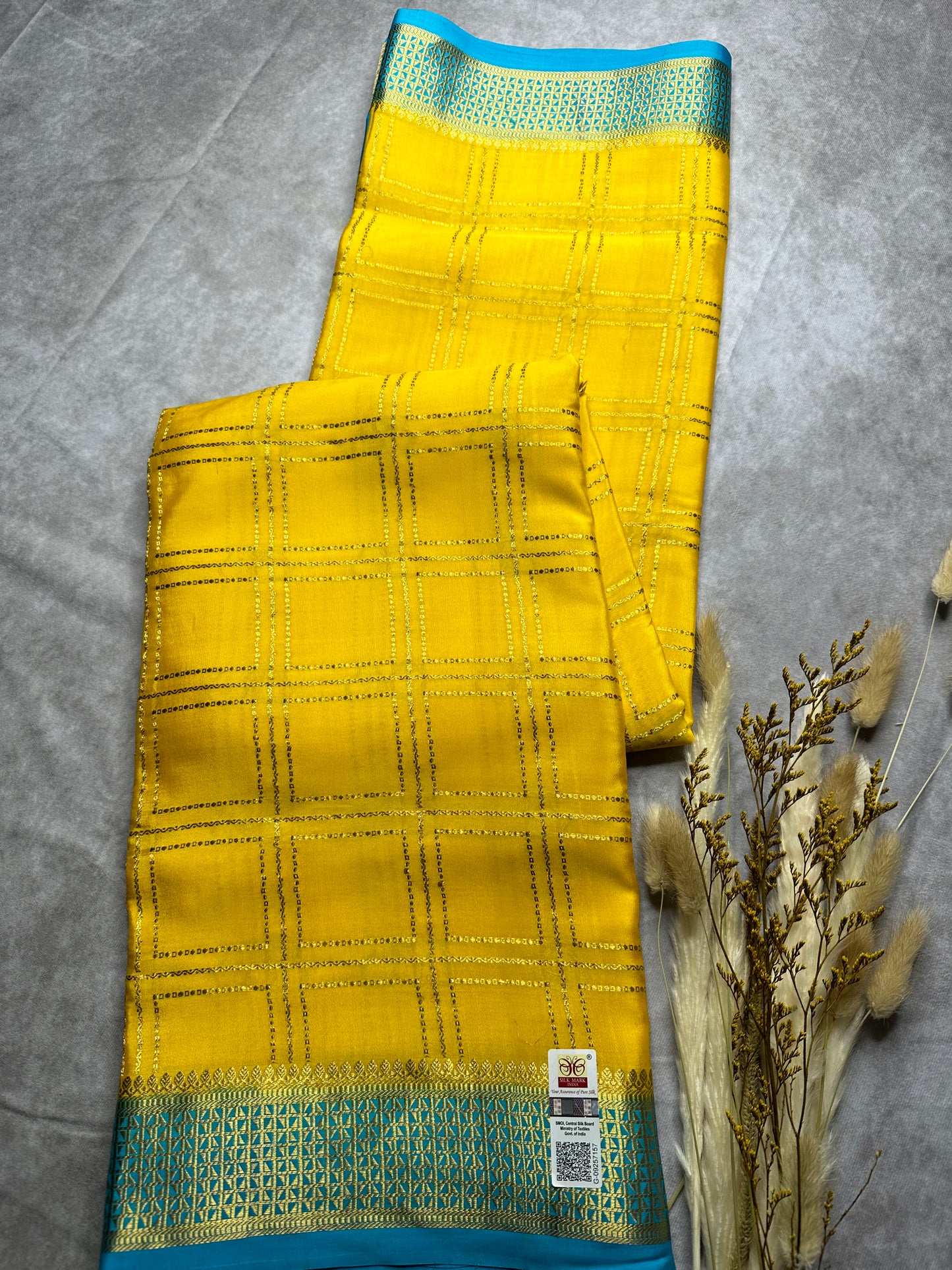 Yellow- blue 3Line box crepe saree