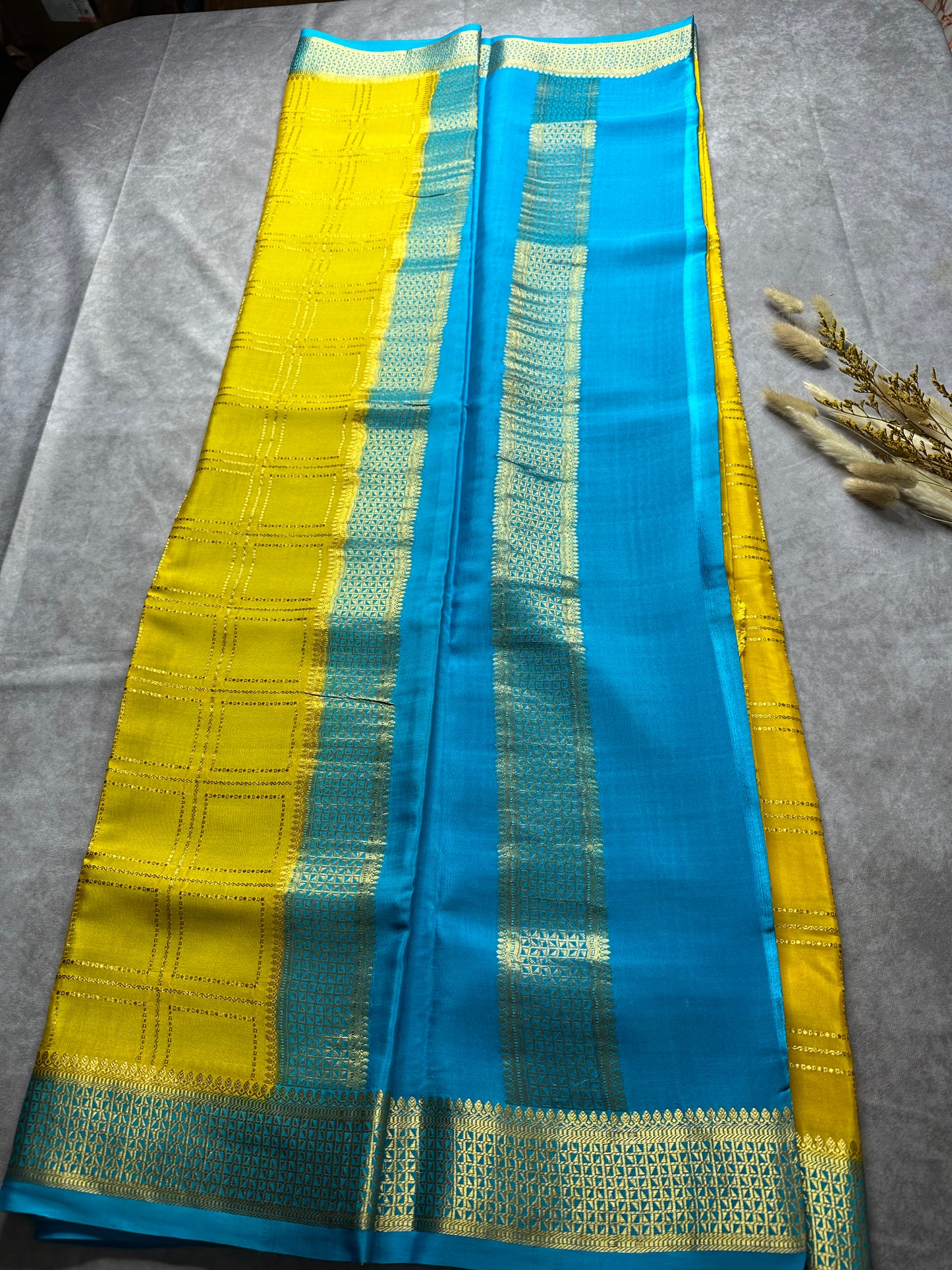 Yellow- blue 3Line box crepe saree