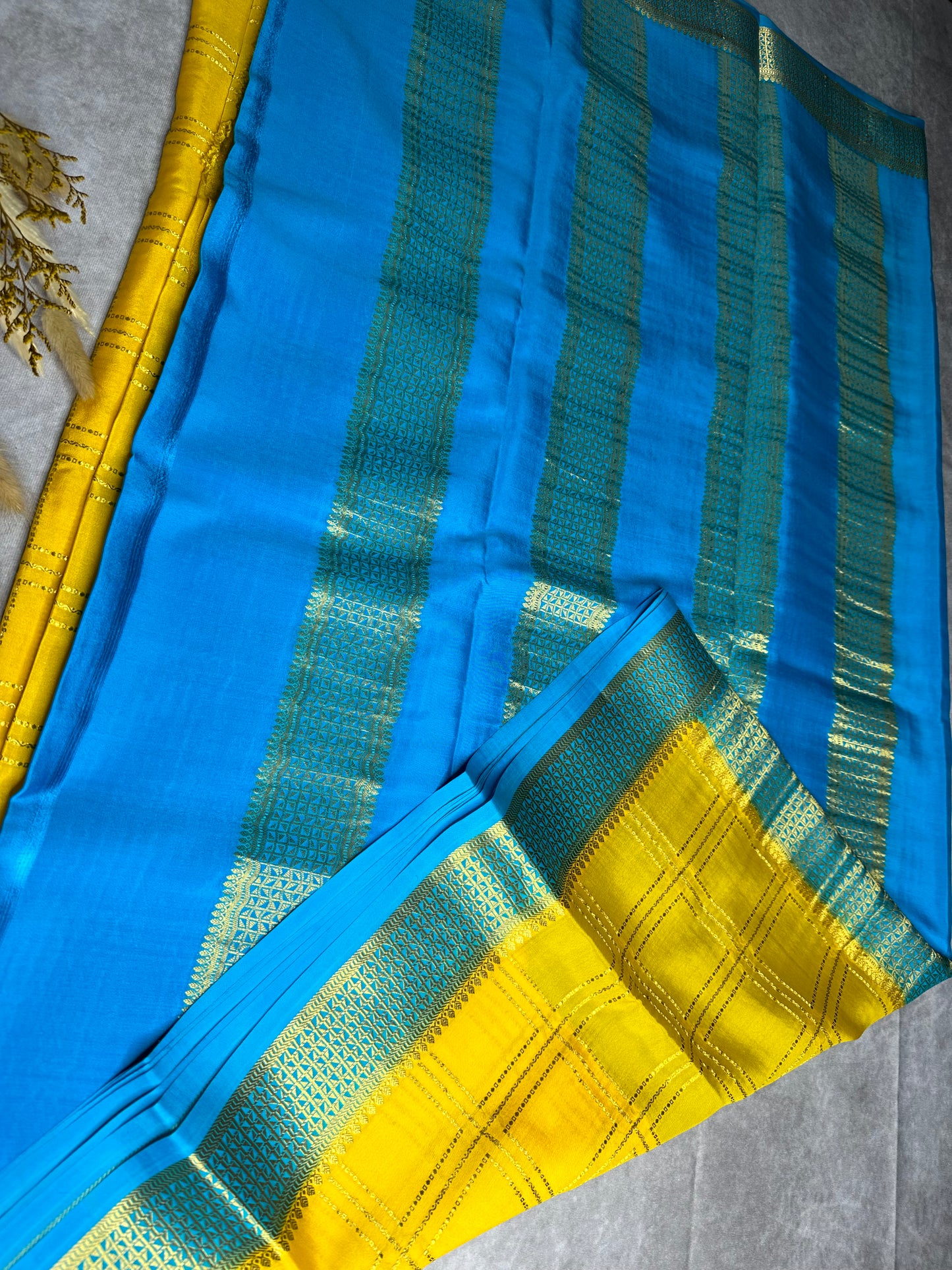 Yellow- blue 3Line box crepe saree