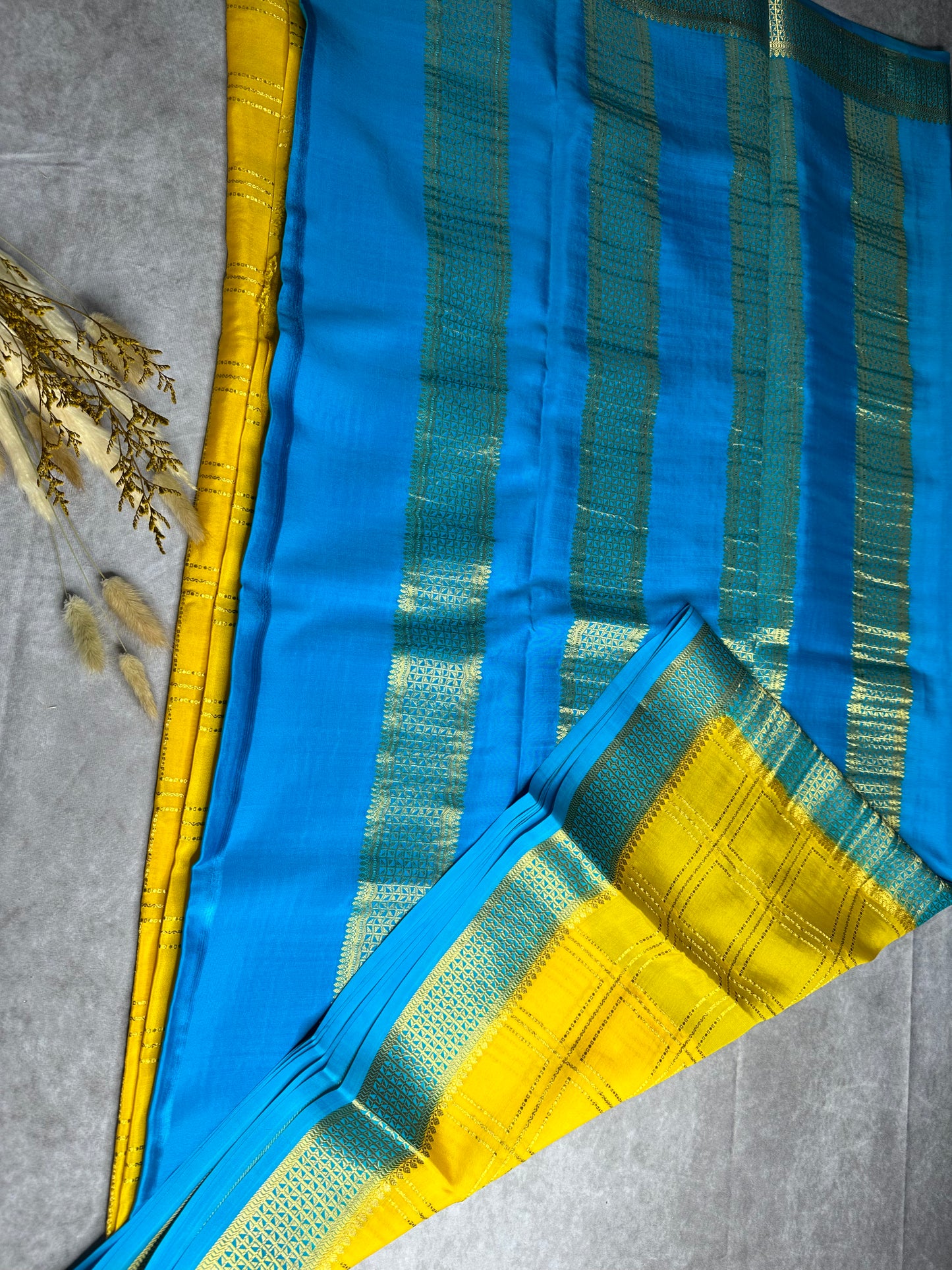 Yellow- blue 3Line box crepe saree