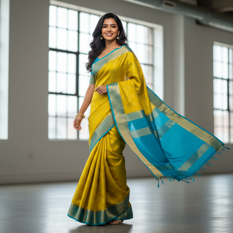 Yellow- blue 3Line box crepe saree