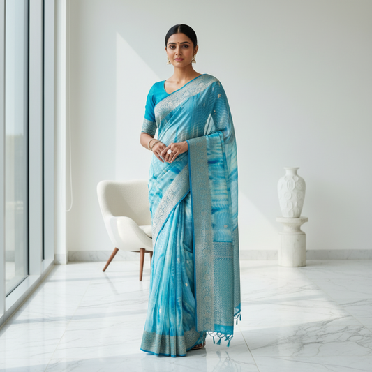 WHITE - LIGHT BLUE GEORGETTE WITH SILVER ZARI