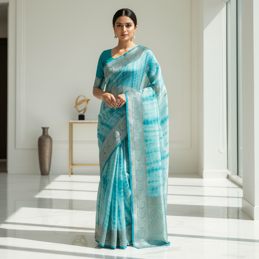 LIGHT BLUE SHADED CHIFFON GEORGETTE WITH SILVER ZARI