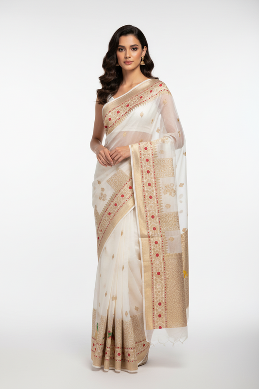 Off-white semi katan saree