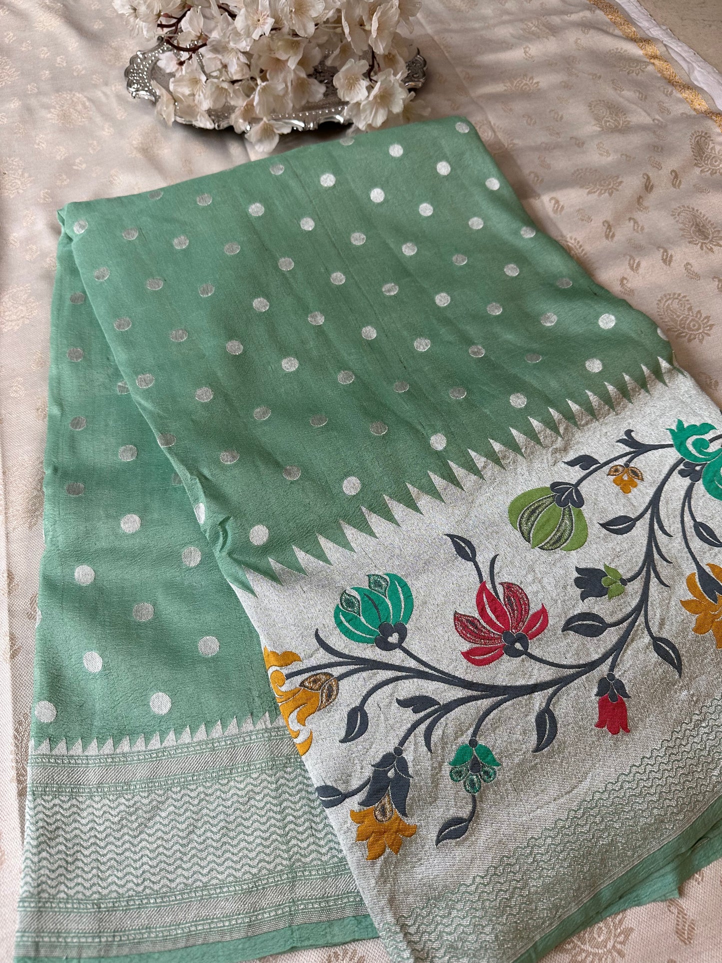 PASTEL GREEN PURE TUSSAR SAREE WITH PAITHANI BORDER