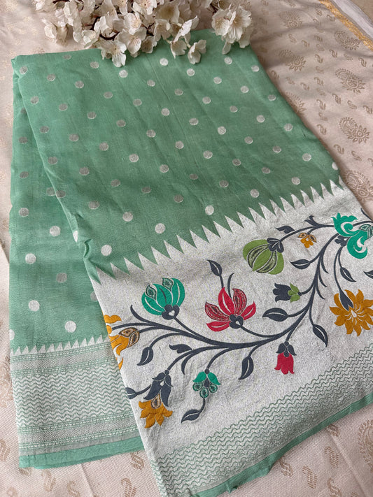 PASTEL GREEN PURE TUSSAR SAREE WITH PAITHANI BORDER