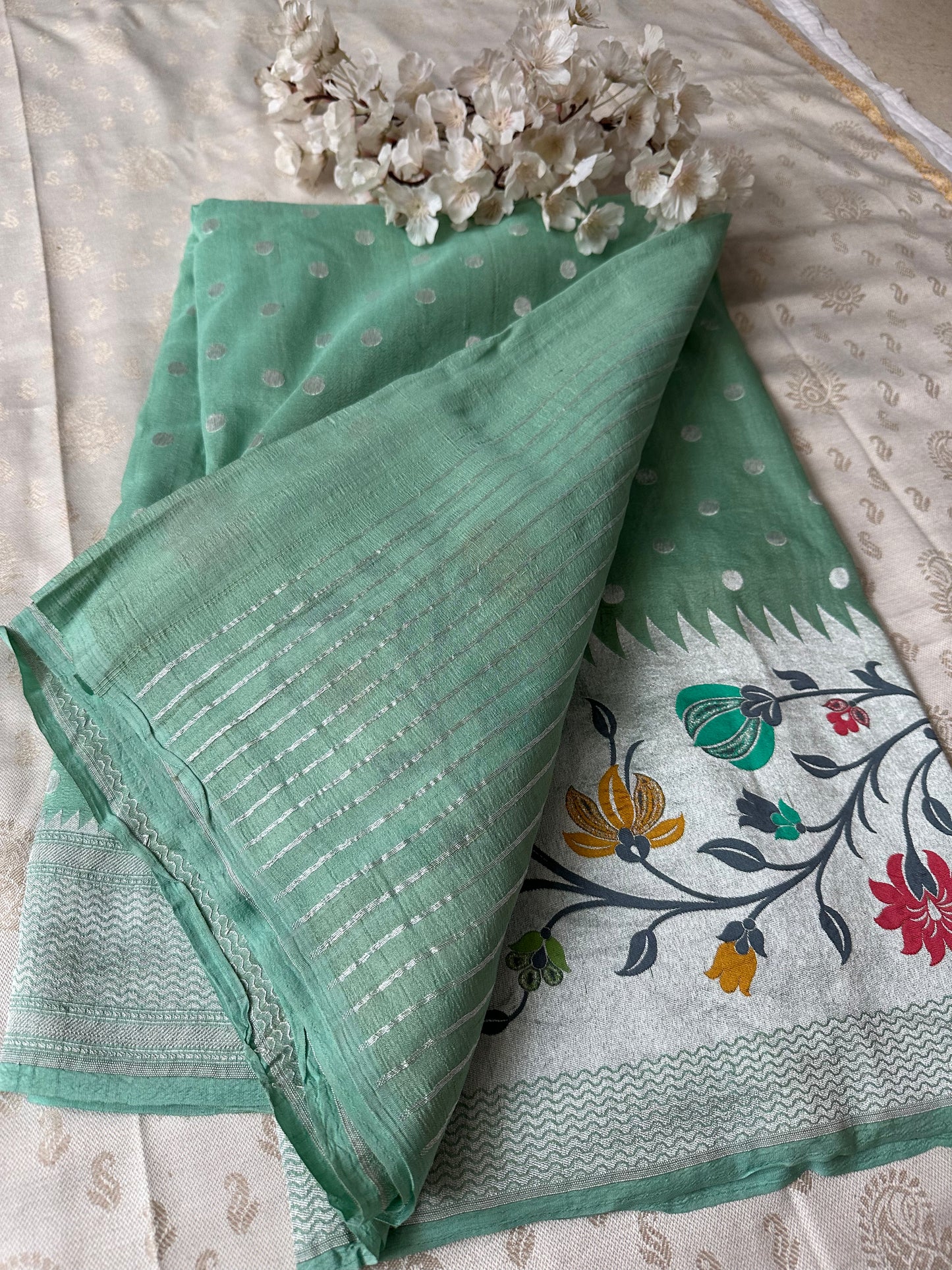 PASTEL GREEN PURE TUSSAR SAREE WITH PAITHANI BORDER