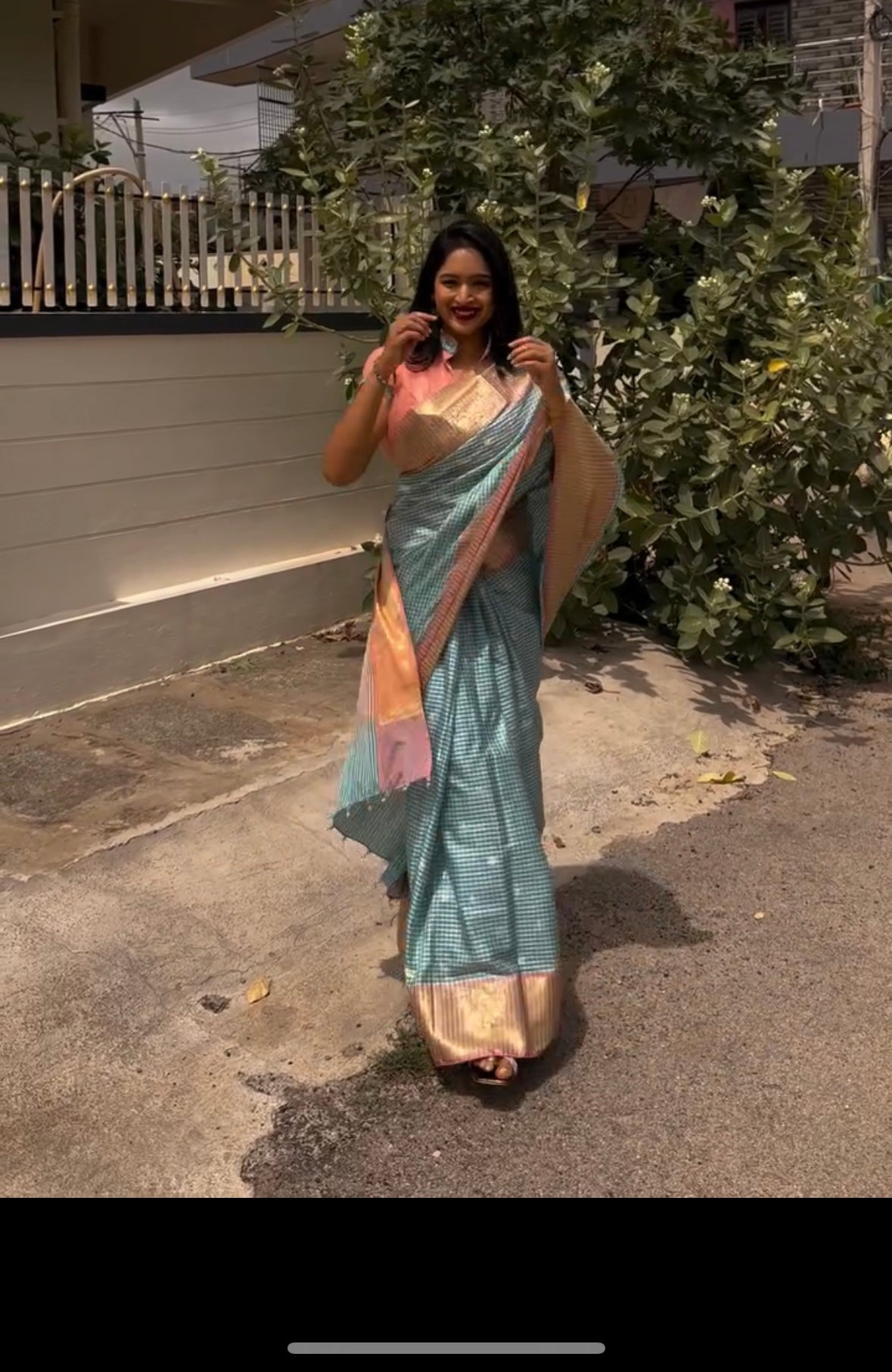 Light Blue checkered semi silk saree