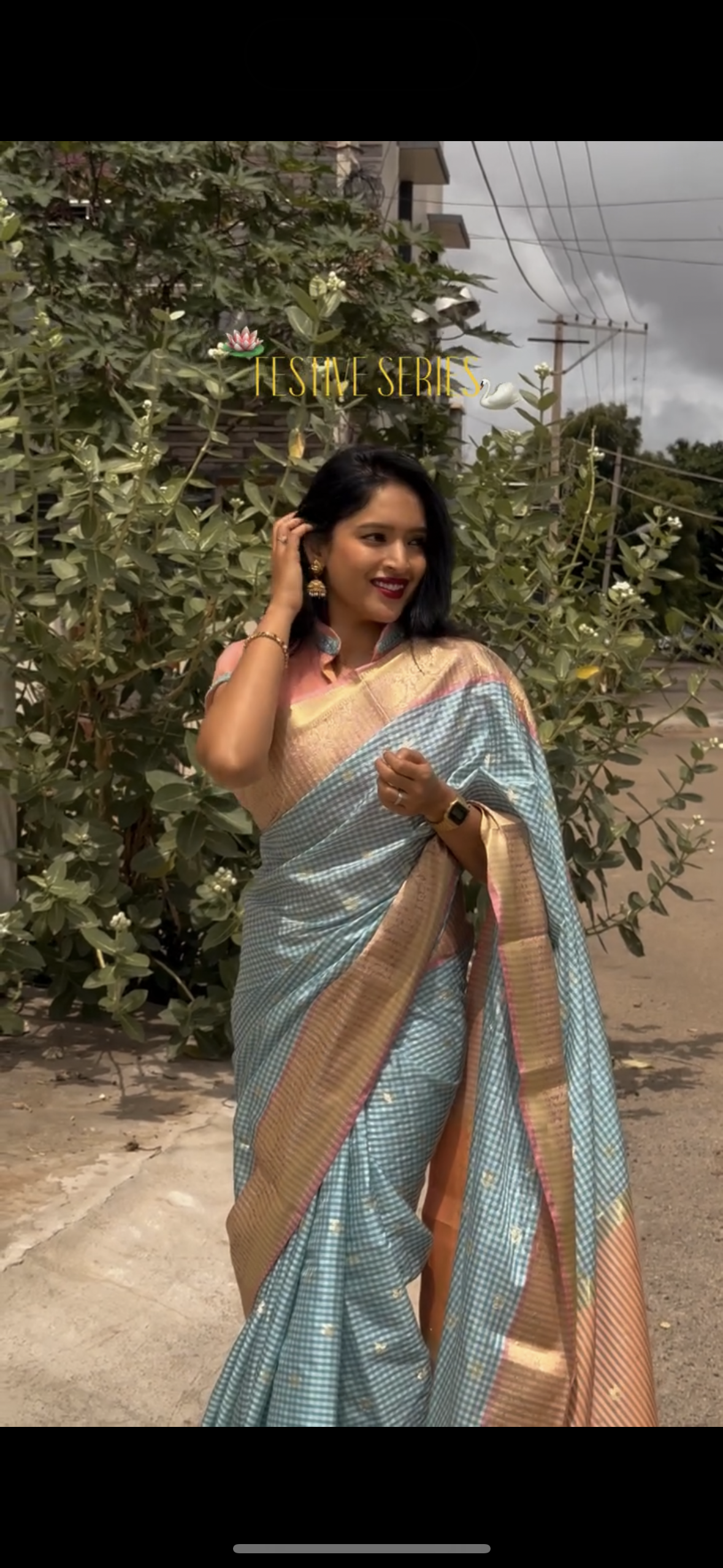 Light Blue checkered semi silk saree