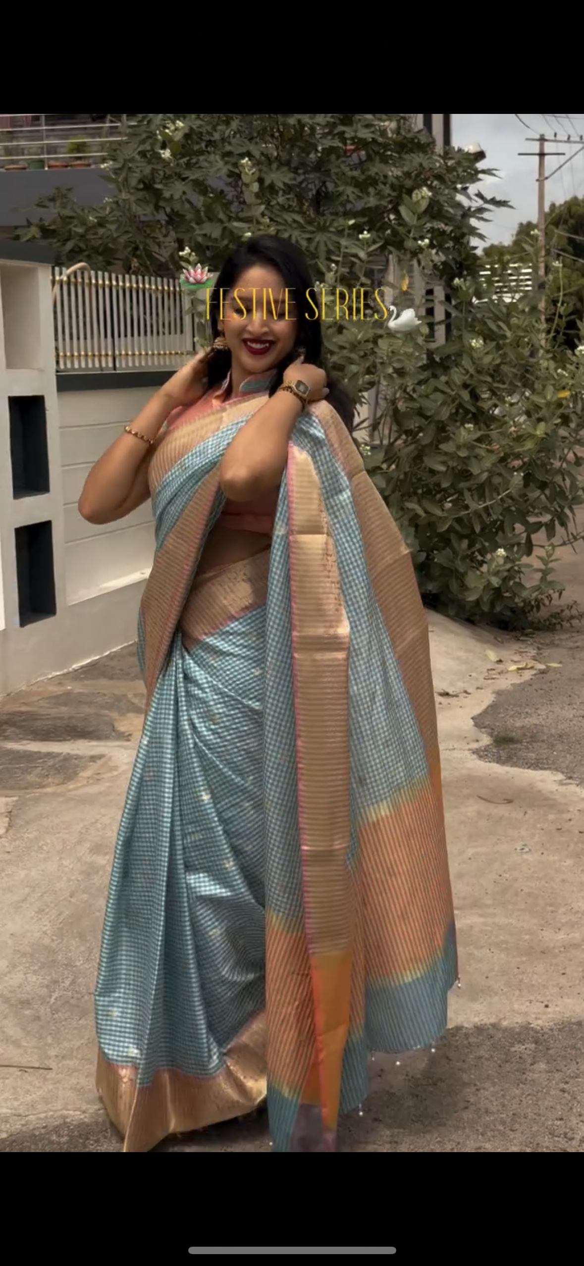 Light Blue checkered semi silk saree