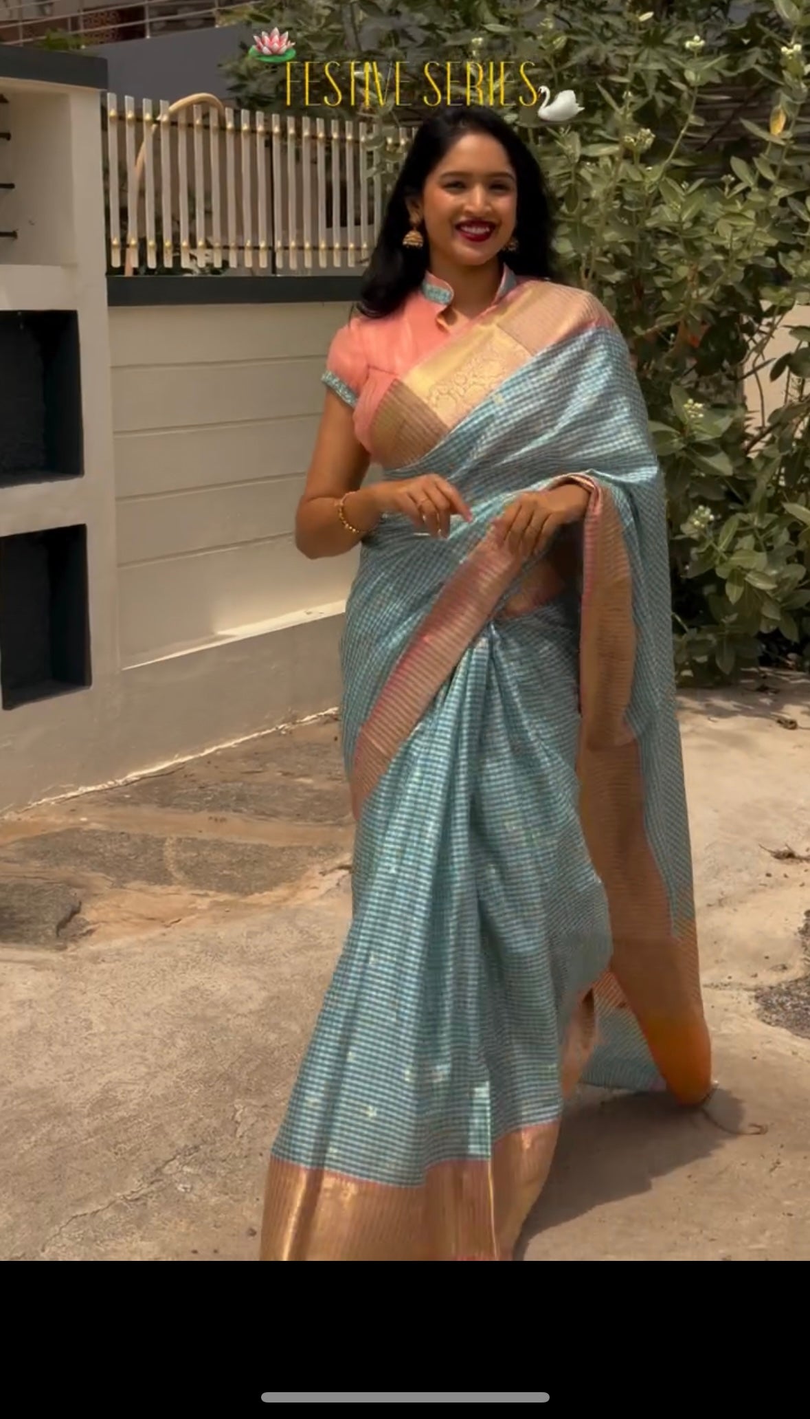 Light Blue checkered semi silk saree