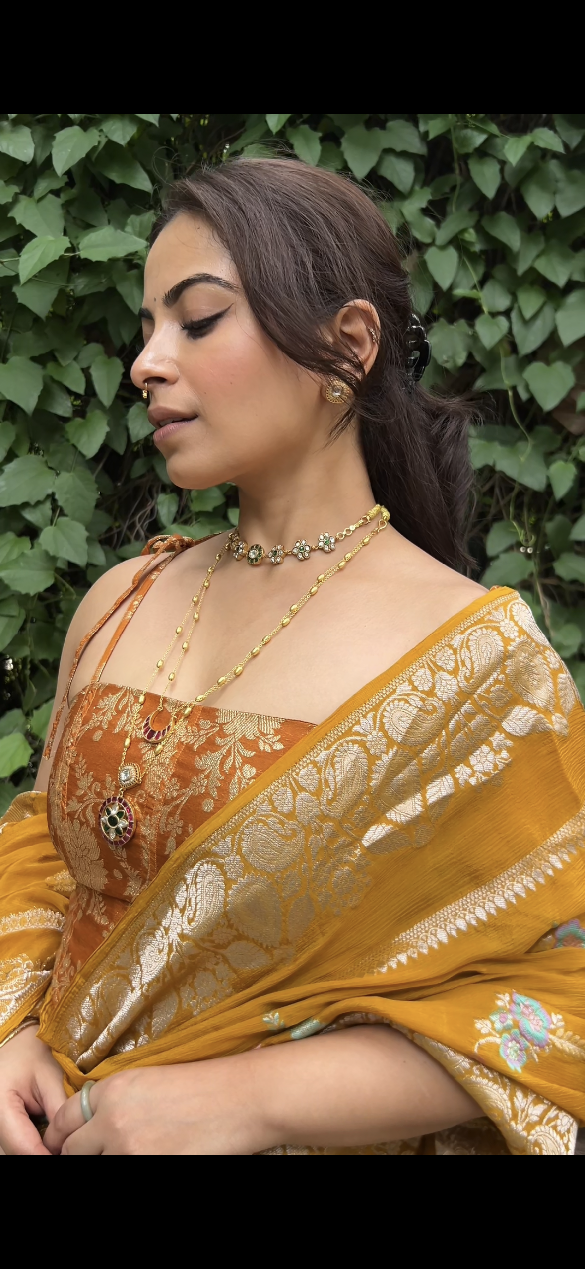Mustard yellow crepe saree