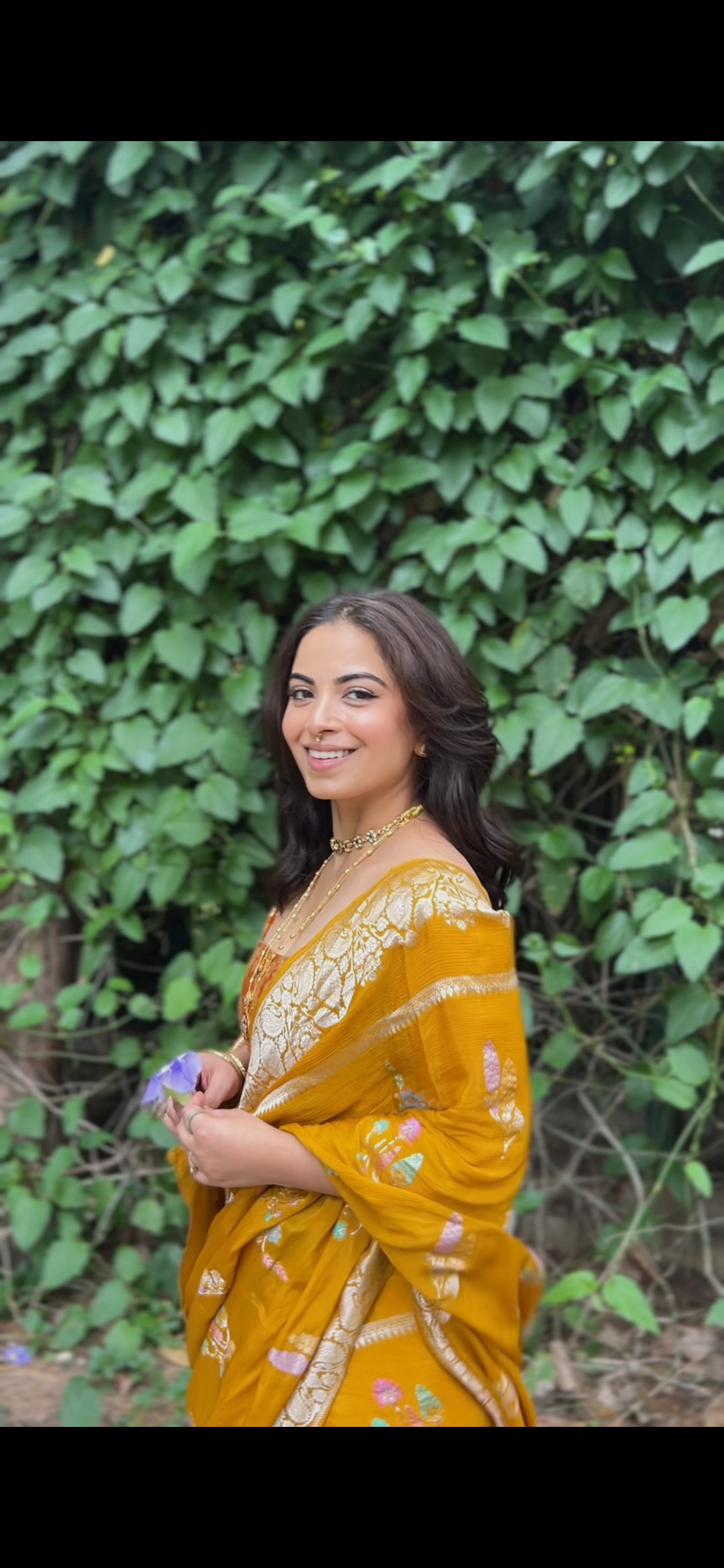 Mustard yellow crepe saree