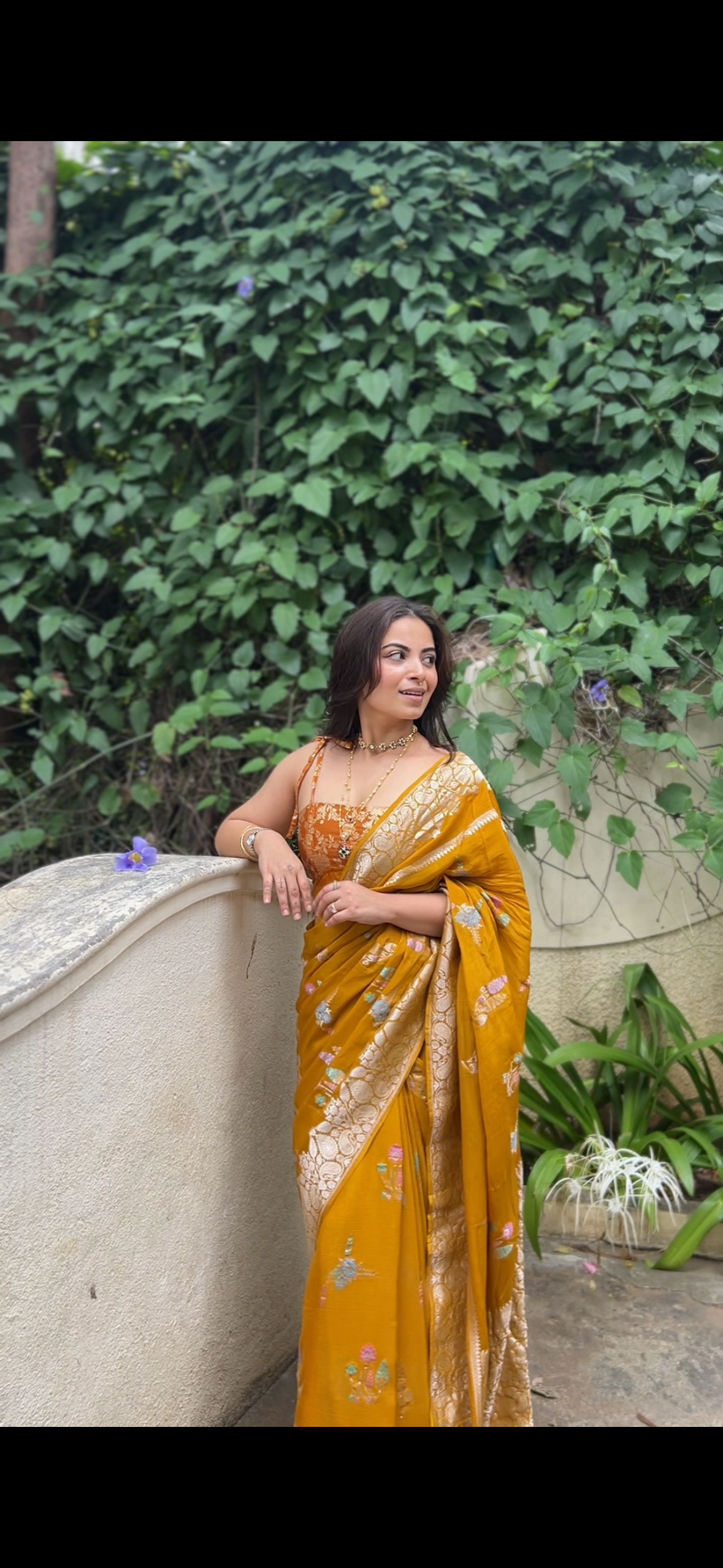 Mustard yellow crepe saree