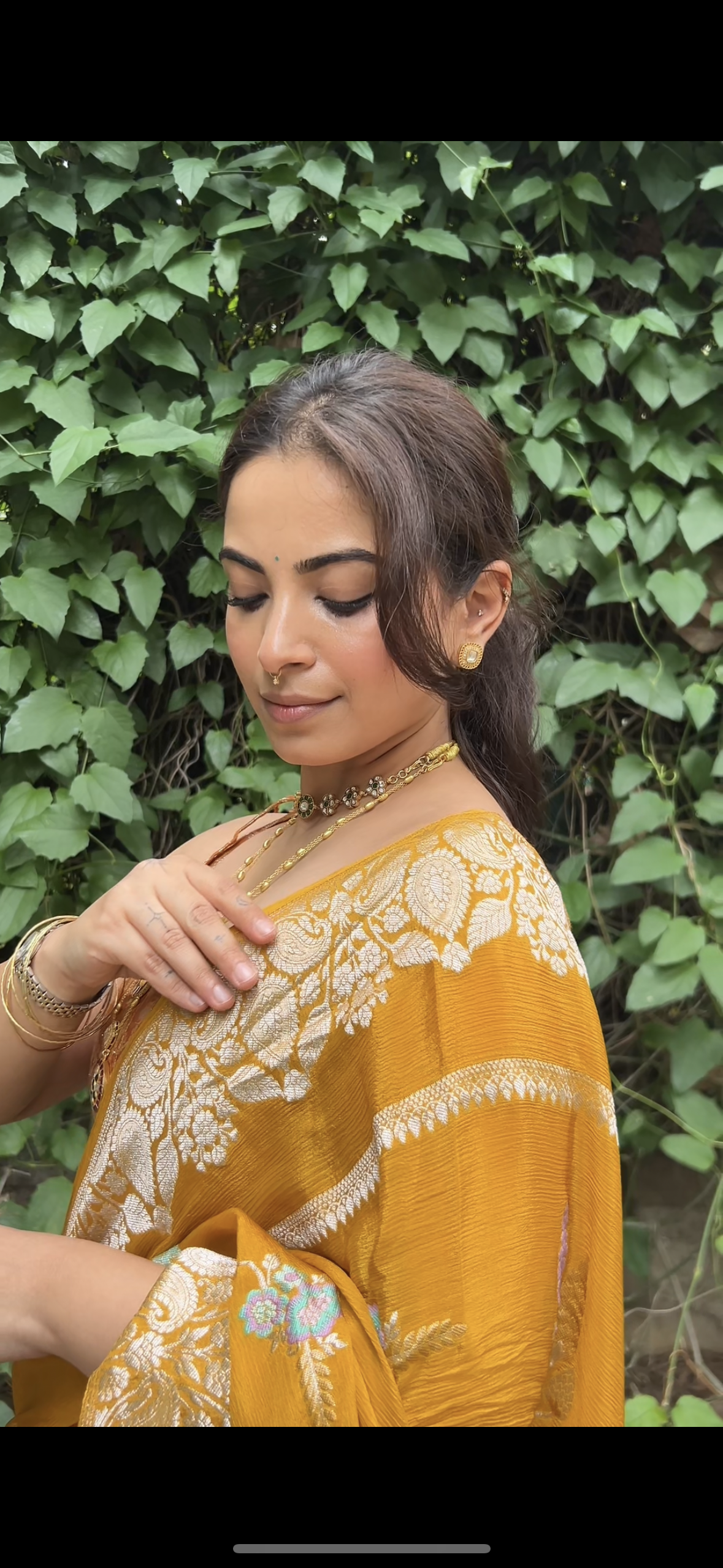 Mustard yellow crepe saree