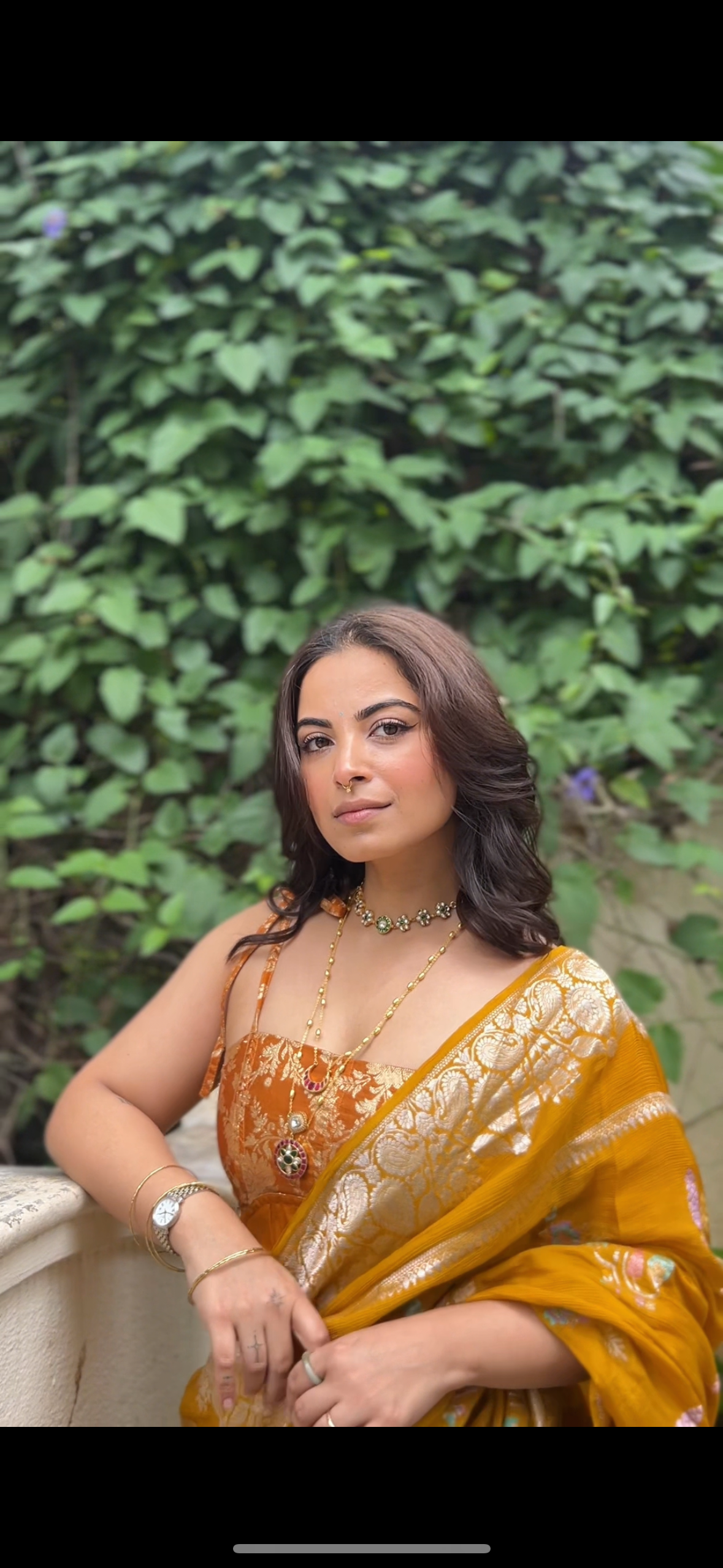 Mustard yellow crepe saree