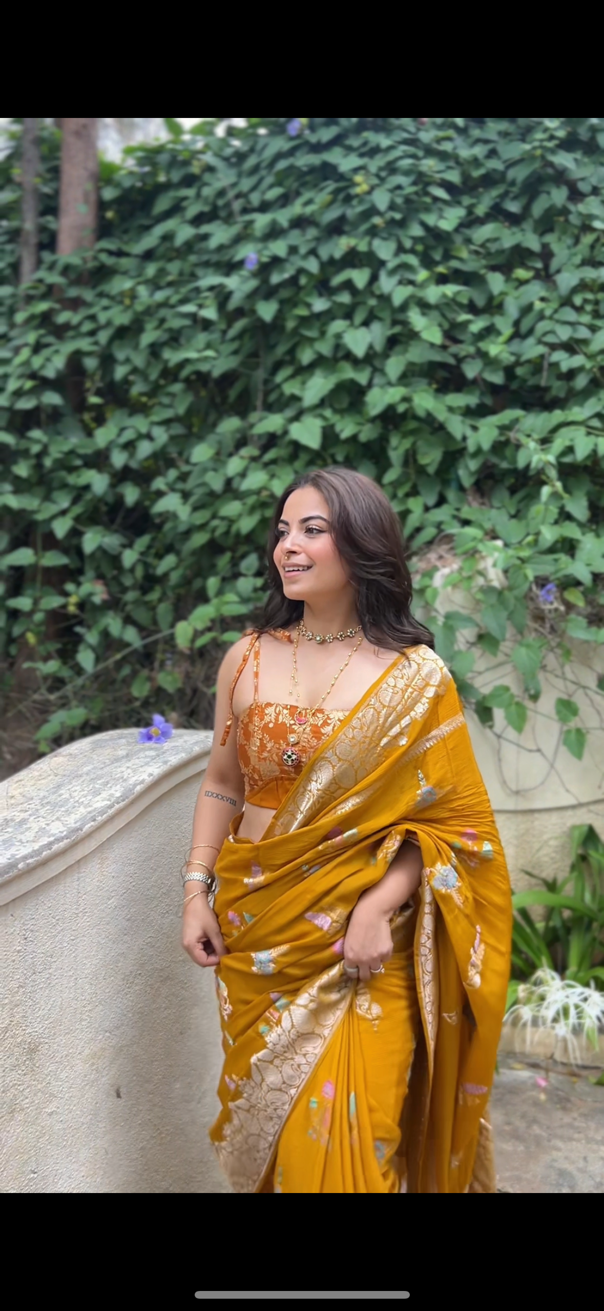 Mustard yellow crepe saree