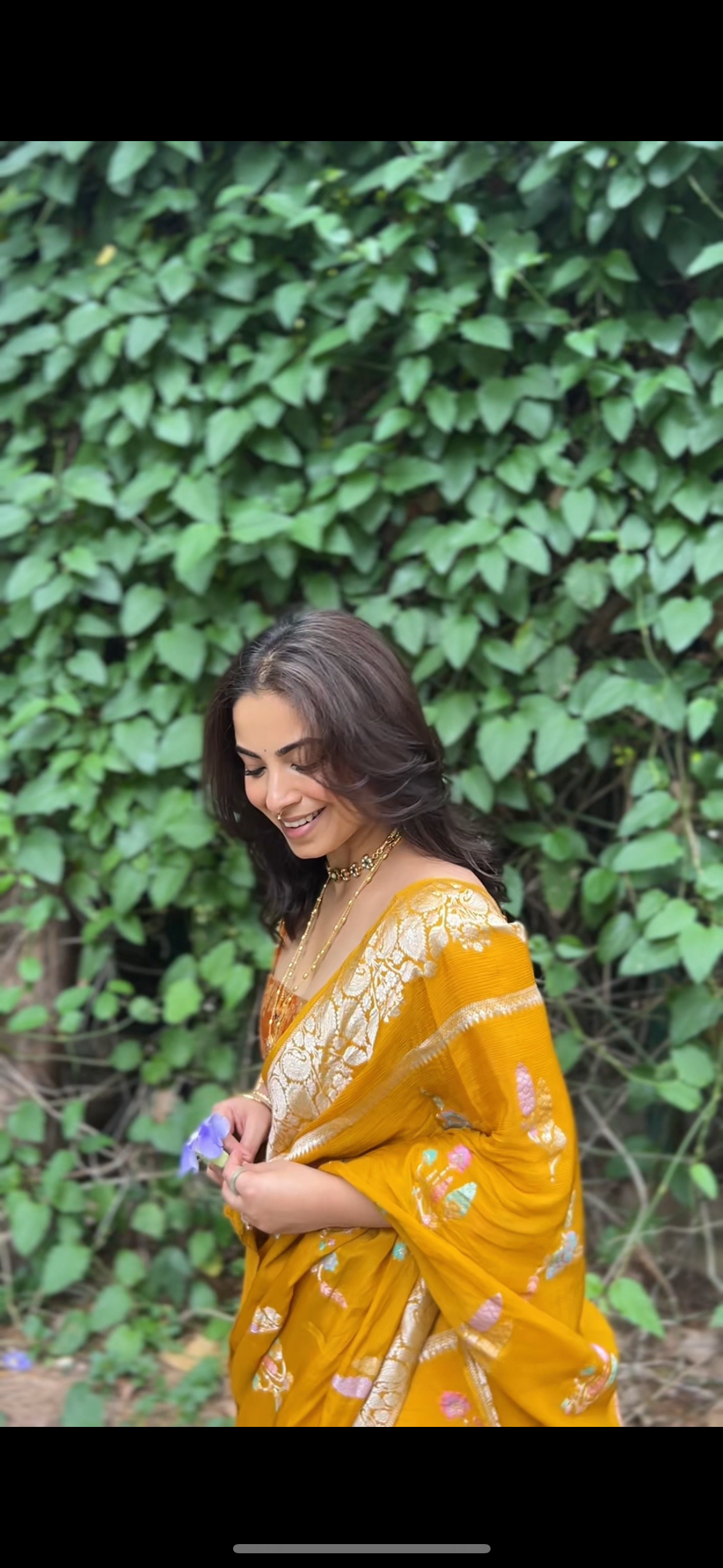 Mustard yellow crepe saree