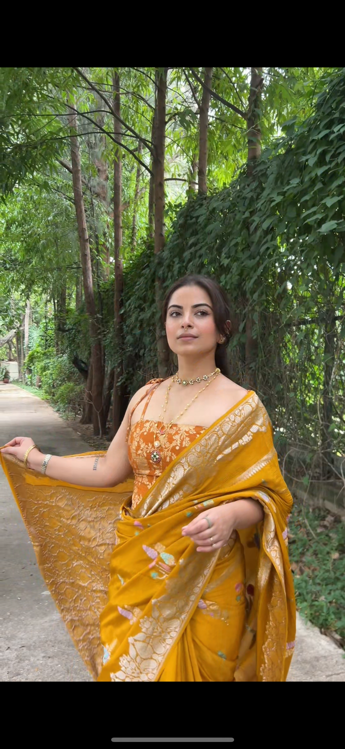 Mustard yellow crepe saree