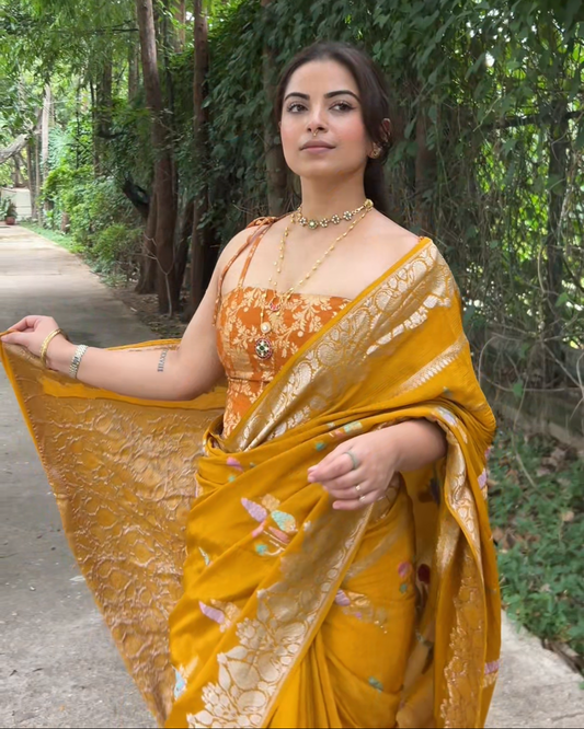 Mustard yellow crepe saree