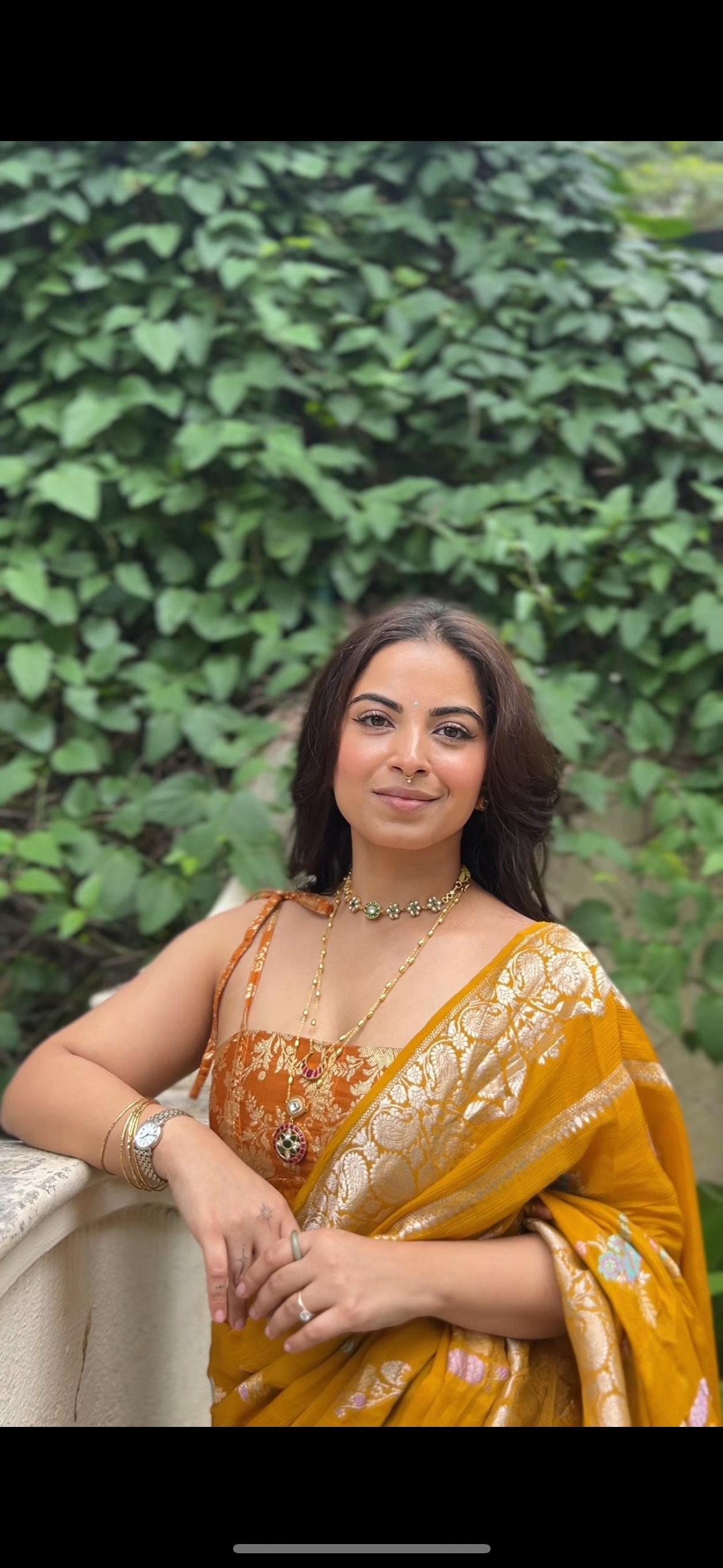 Mustard yellow crepe saree