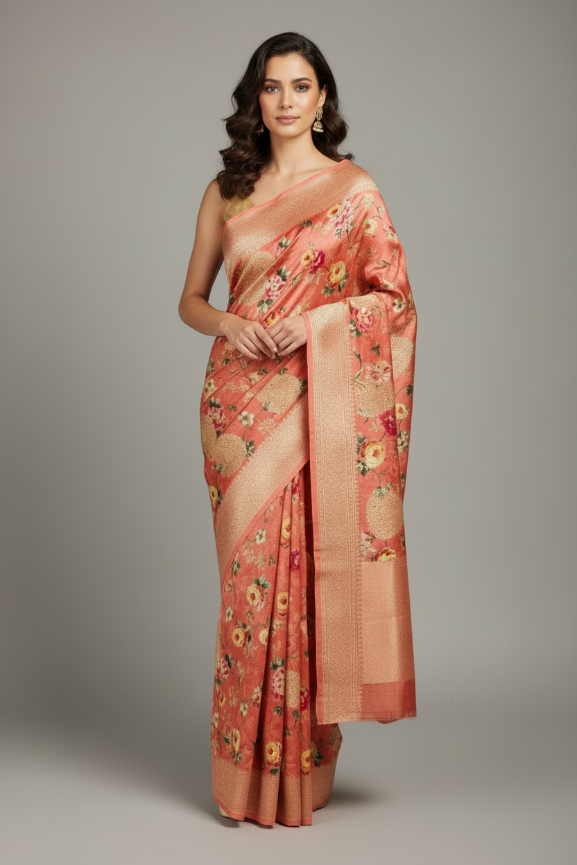 Pink printed pure chiniya silk saree
