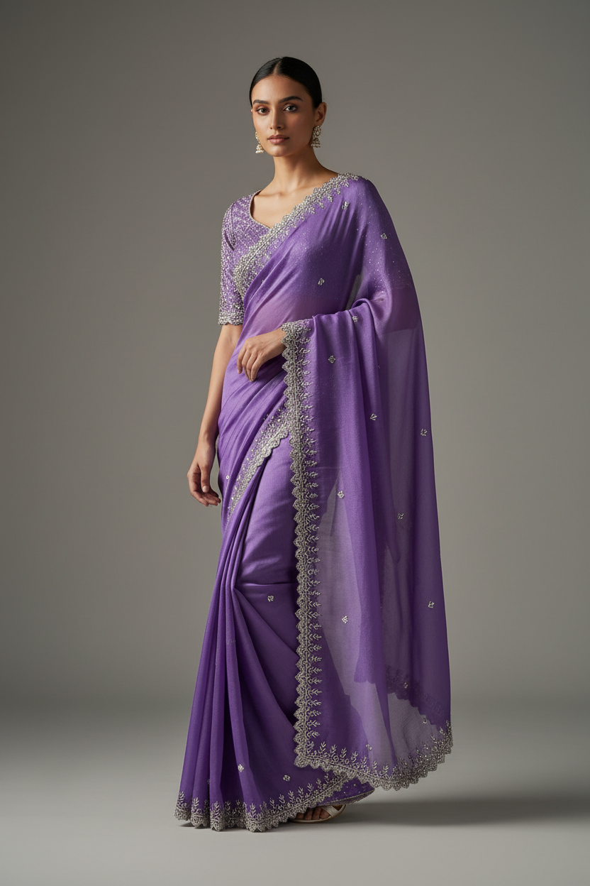 Lavender chinnon work saree