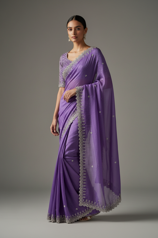 Lavender chinnon work saree