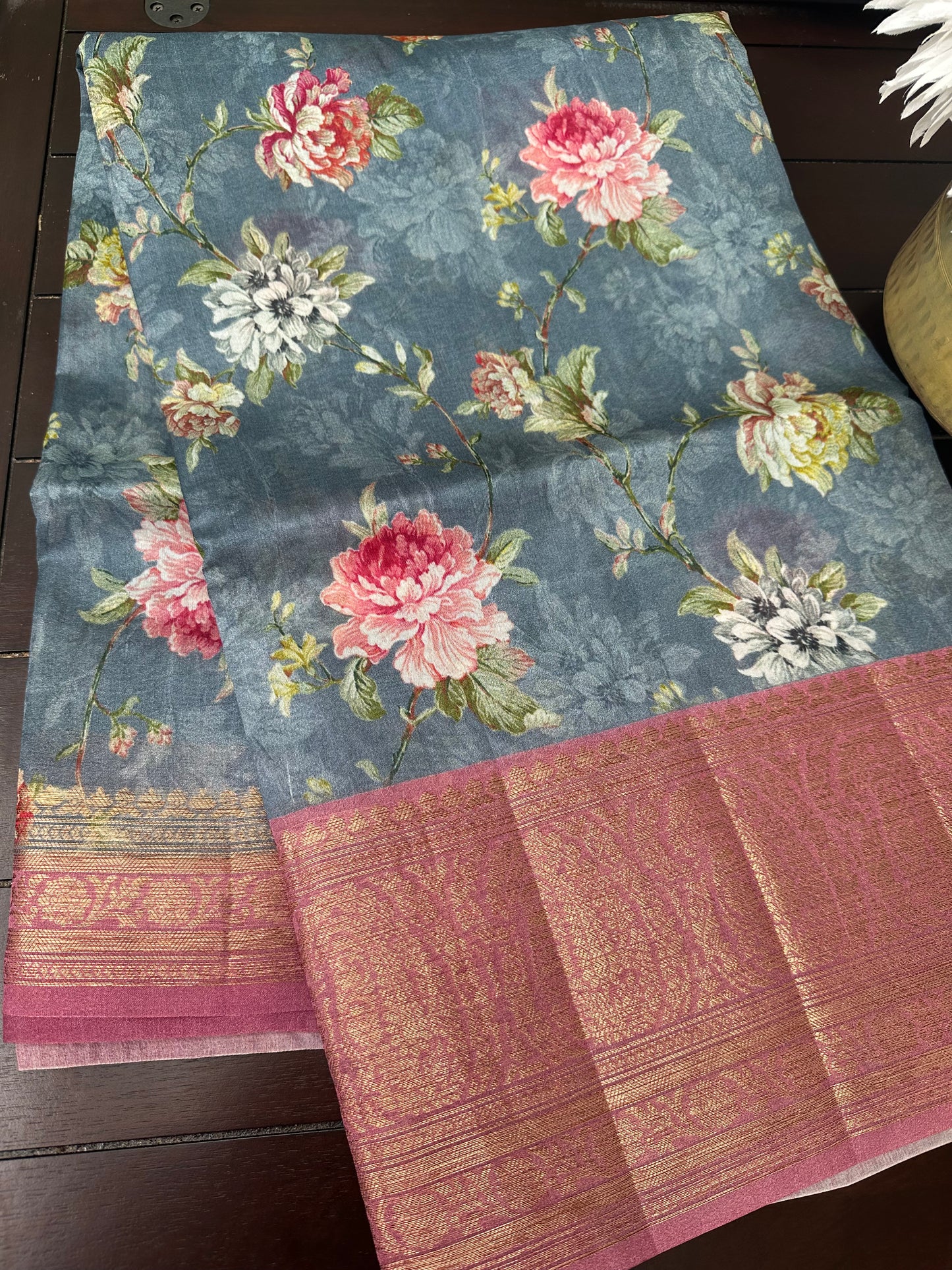 BLUE SHADE DIGITAL PRINT PURE TUSSAR SILK SAREE