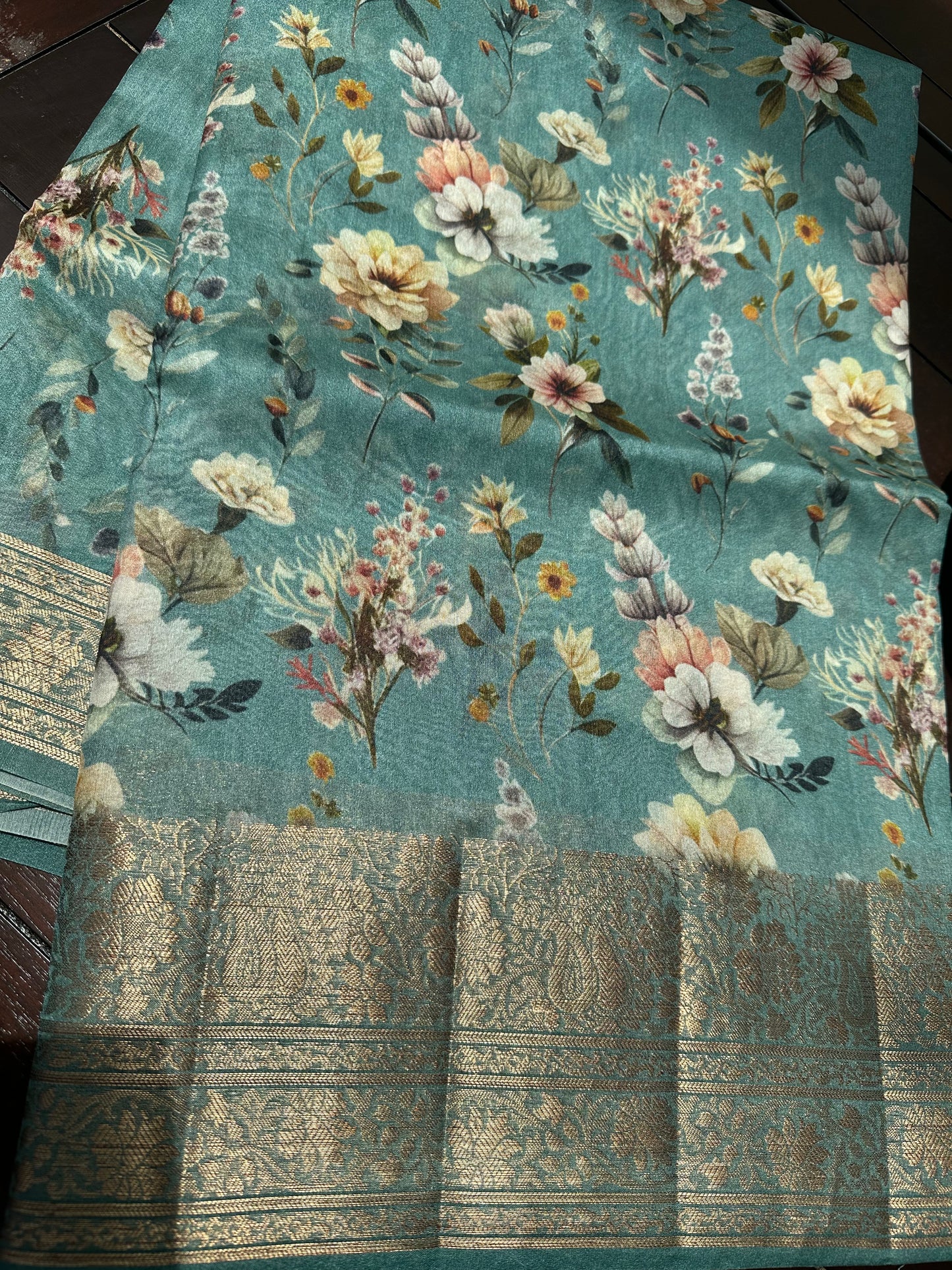 Tropical teal digital printed tussar saree
