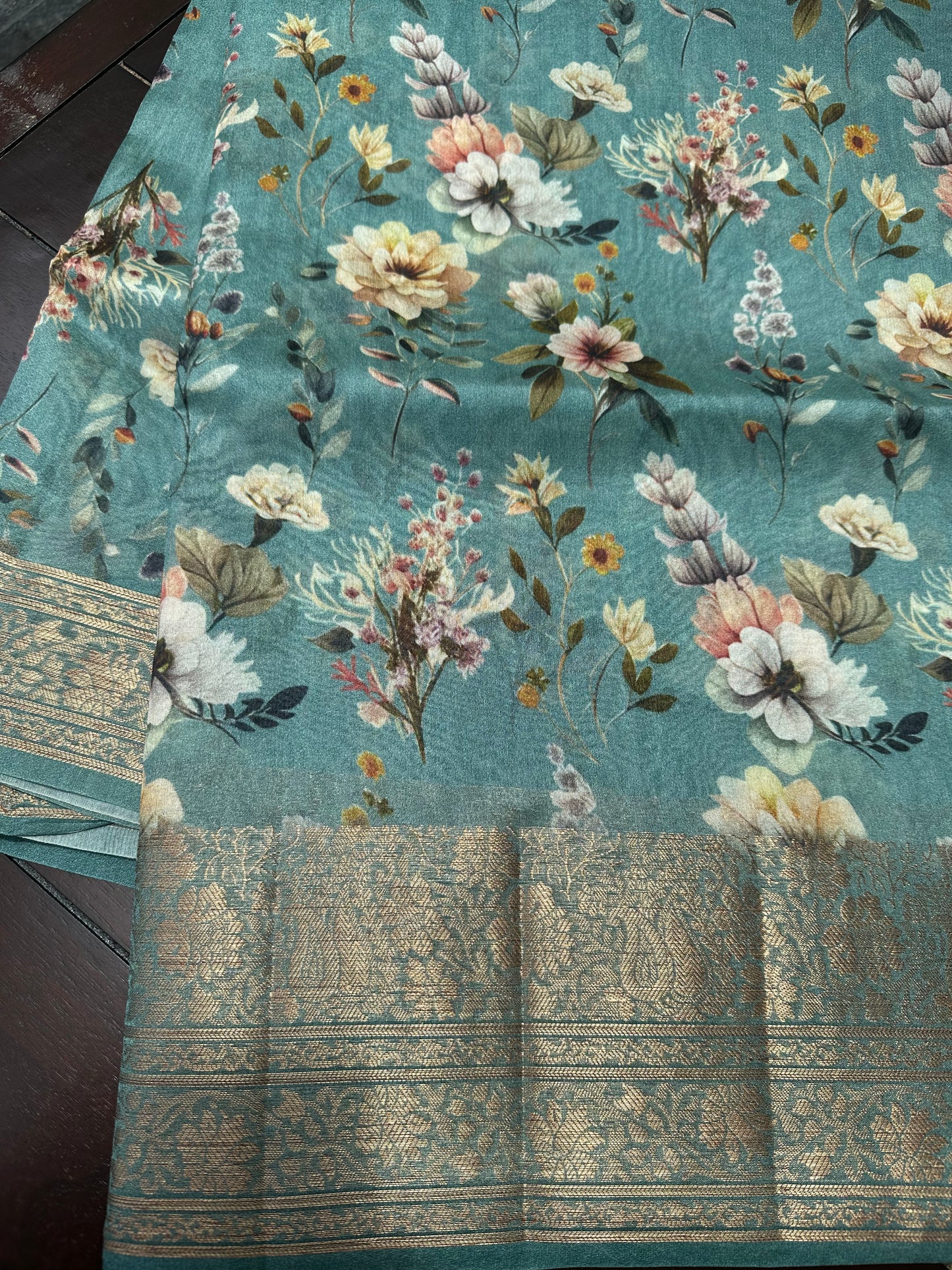 Tropical teal digital printed tussar saree