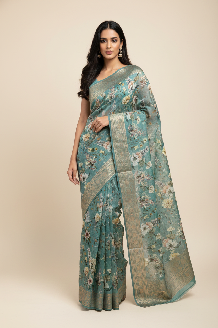 Tropical teal digital printed tussar saree