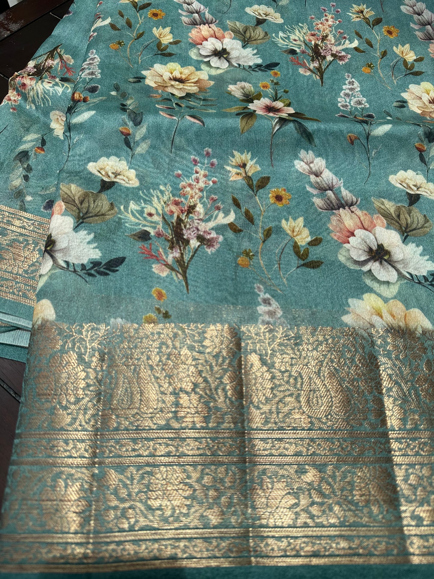 Tropical teal digital printed tussar saree
