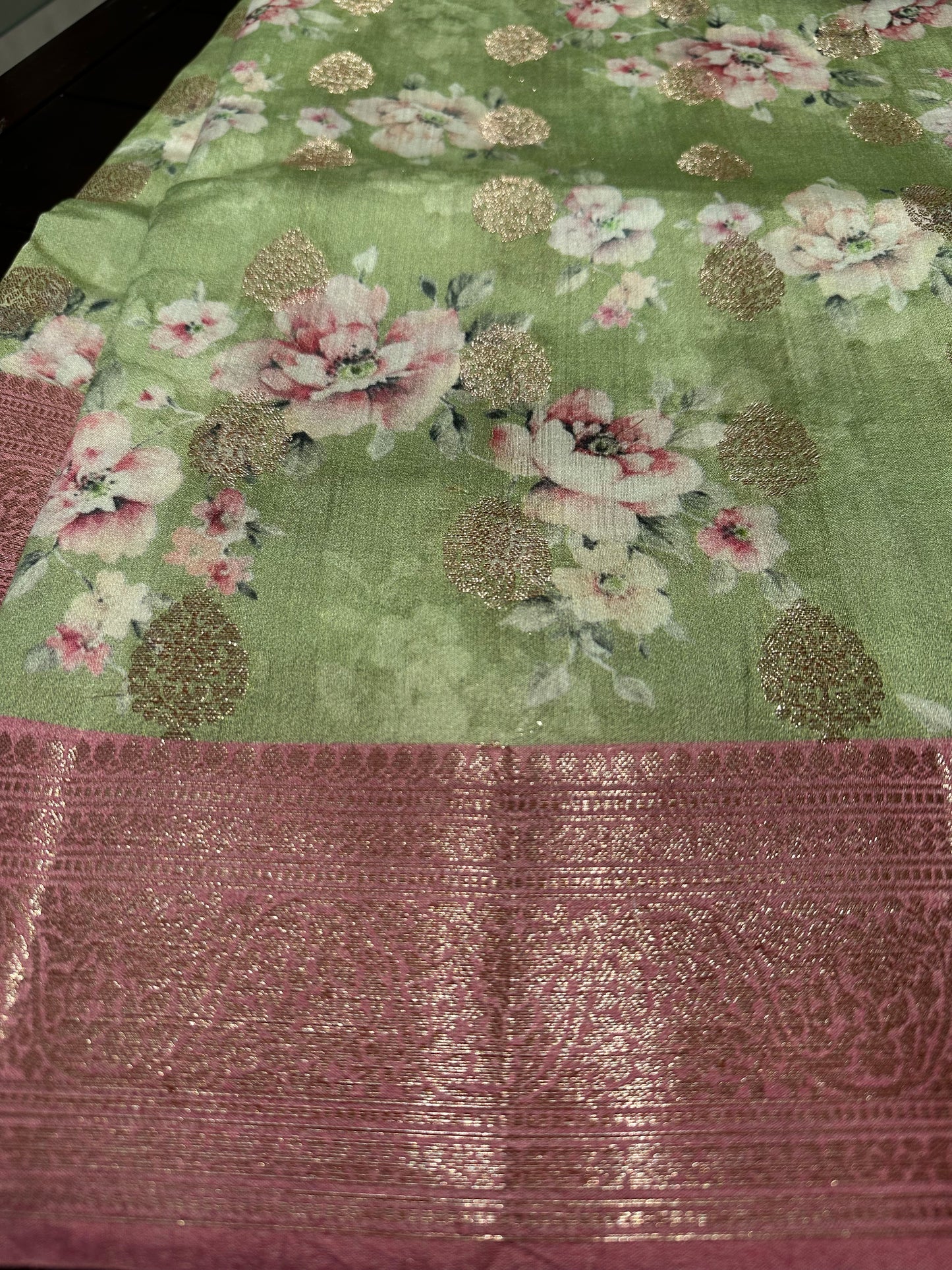 PISTA GREEN-PINK DIGITAL PRINT PURE CHINIYA SILK SAREE