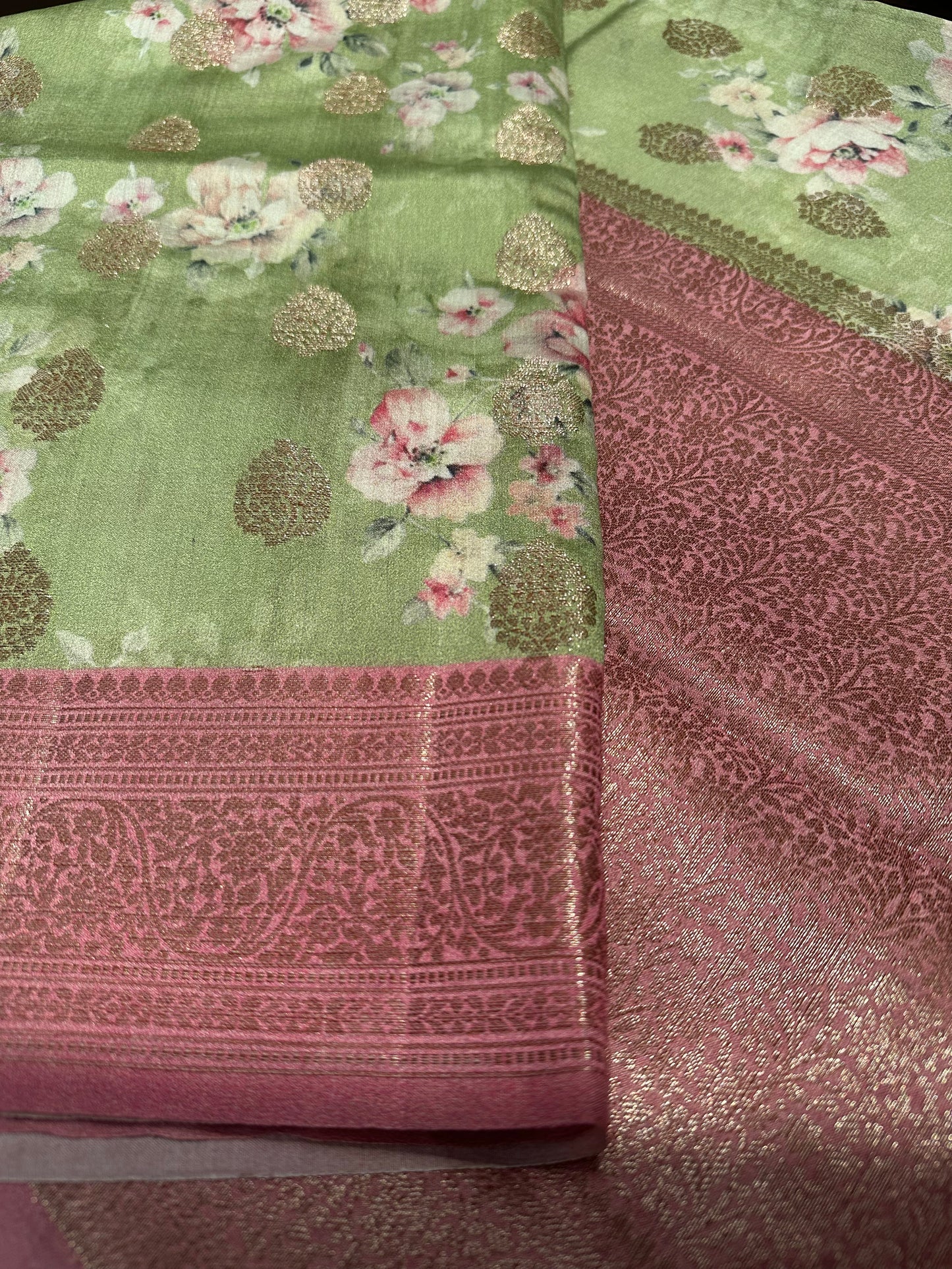 PISTA GREEN-PINK DIGITAL PRINT PURE CHINIYA SILK SAREE