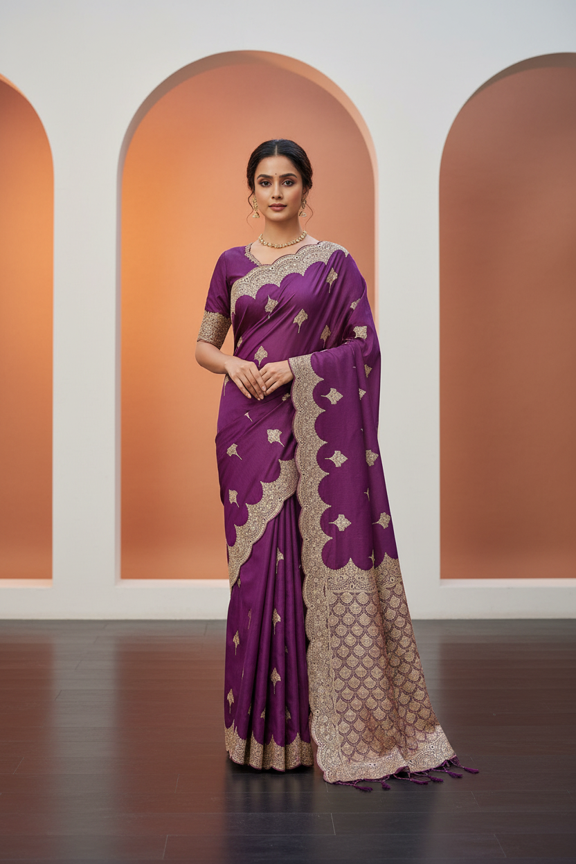 VIOLET DUPION SILK SONA ROOPA SAREE