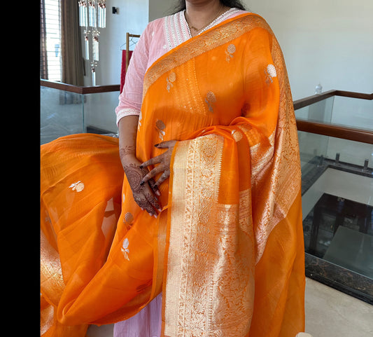 ORANGE HANDLOOM PURE ORGANZA SAREE