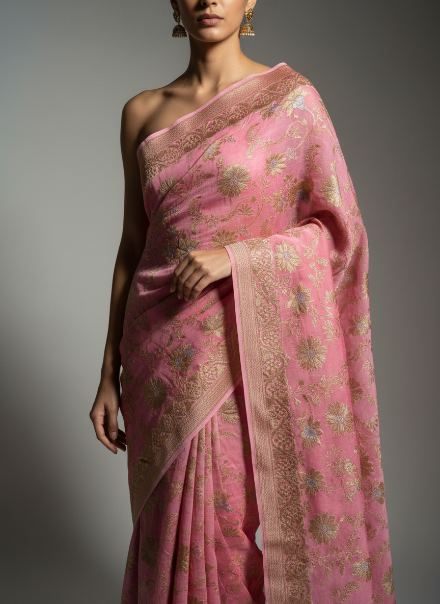Pink pure georgette saree