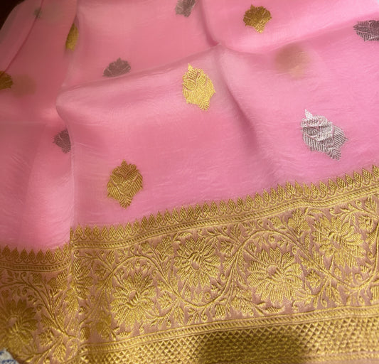 PINK HANDLOOM PURE ORGANZA SAREE