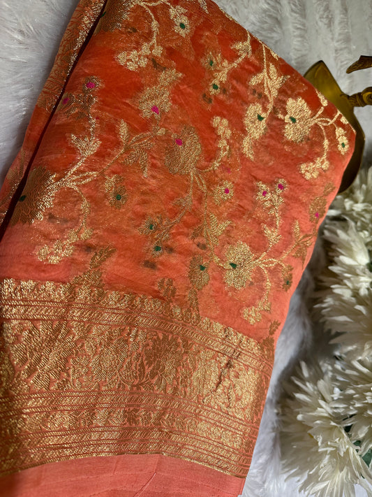 Peach organza meenakari silk saree