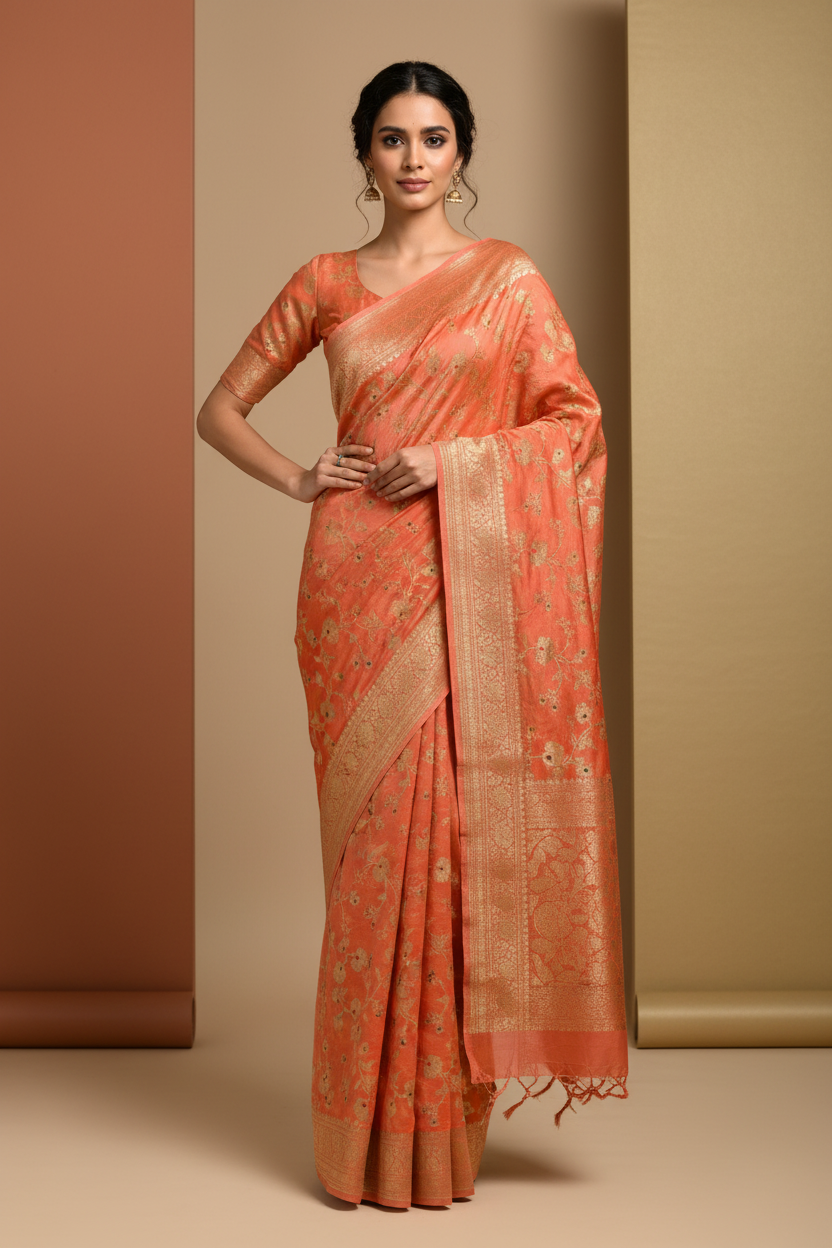 Peach organza meenakari silk saree