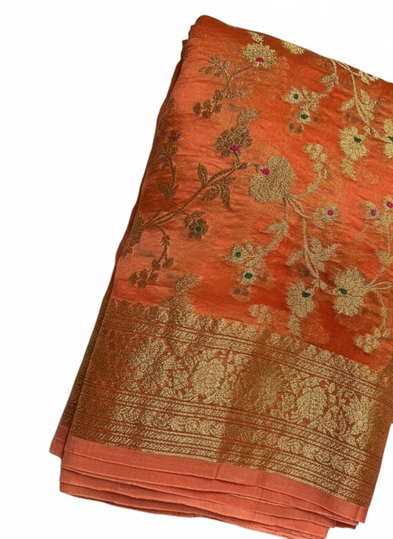 Peach organza meenakari silk saree