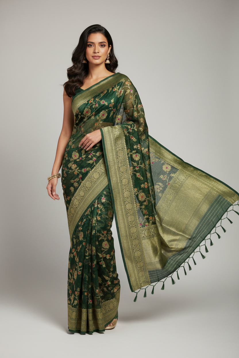 Bottle green organza meenakari silk saree